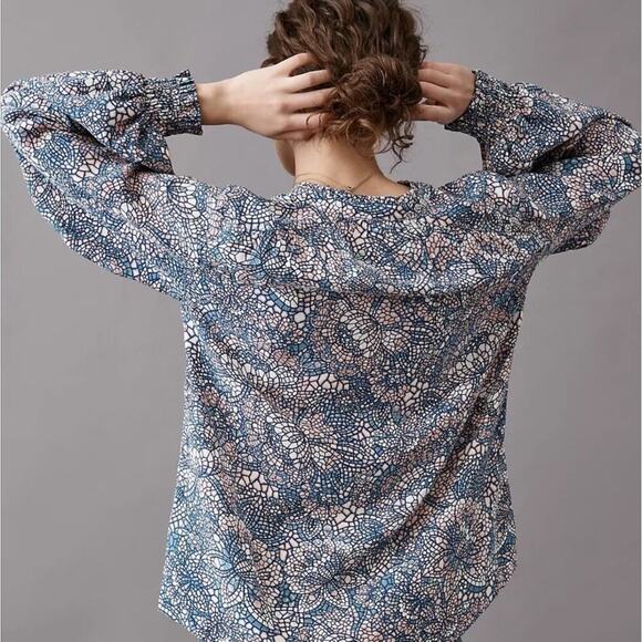 Anthropologie Maeve Colette Floral Motif Mosaic Ballon Sleeve Peasant Blouse Top - Picture 13 of 13
